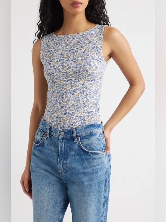 New! Reformation Dusk Knit Top Blue And Cream Floral Boatneck Tank Medium